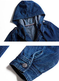Stylish Blue Hooded Gathered Waist Zipper Trench Coat