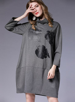 Autumn Grey Stand Collar Print Plus Size Shift Dress