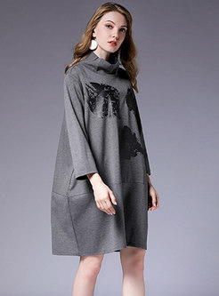 Autumn Grey Stand Collar Print Plus Size Shift Dress