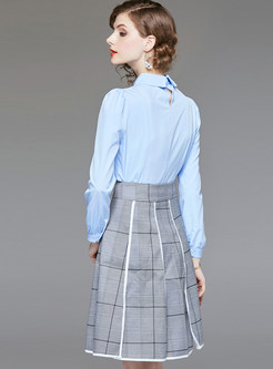 Turn Down Collar Tied Blouse & Plaid Irregular Skirt