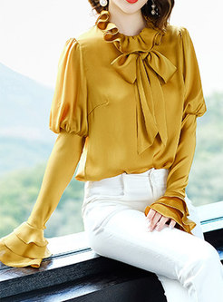 Brief Yellow Court Flare Sleeve Pullover Blouse