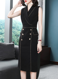 Fashion Elegant Turn-down Collar Wrap Bodycon Midi Dress