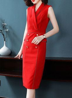 Elegant Turn-down Collar Sleeveless Wrap Bodycon Midi Dress