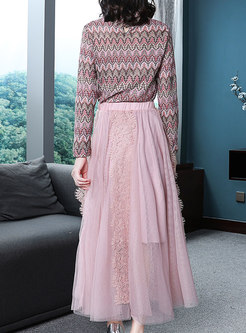 Trendy High Neck Print Top & Mesh Lace-paneled Midi Skirt