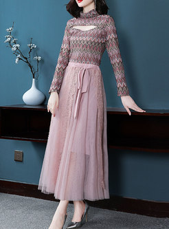 Trendy High Neck Print Top & Mesh Lace-paneled Midi Skirt