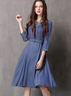 Fashion Blue V-neck Tie-waist Denim Midi Dress