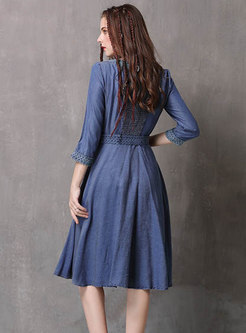 Fashion Blue V-neck Tie-waist Denim Midi Dress