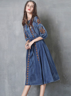 Denim Three Quarters Sleeve Embroidered Dress With Drawstring