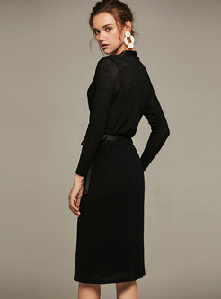 Autumn Sexy Black V-neck Self-tie Knitted Dress