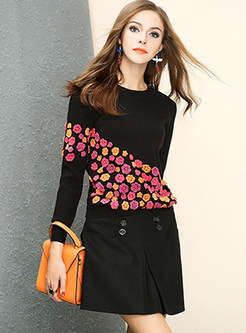 Multicolor Floral Patchwork Black Slim Sweater