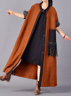 Autumn Casual Color-block Fringed Wool Long Coat