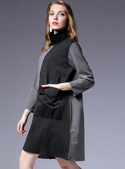 Stylish Plus Size Color-block Stitching Stand Collar Dress