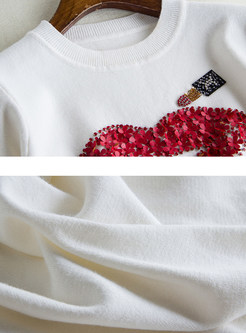 Beaded Mouth Print Pullover Sweater