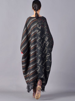 Winter Plus Size Bat Sleeve Print Stitching Fringed Dress