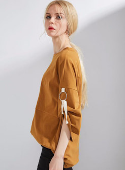 Fashion Camel Crew-neck Lantern Sleeve Cotton T-Shirt 