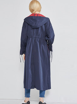 British Color-block Hooded Trench Coat With Drawstring