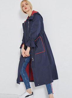 British Color-block Hooded Trench Coat With Drawstring