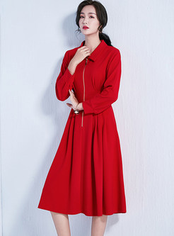 Red Lapel Long Sleeve Zippered Skater Dress