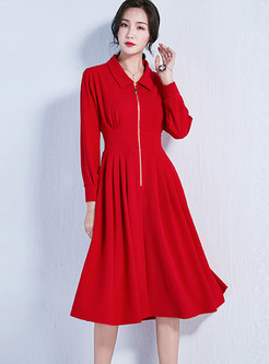 Red Lapel Long Sleeve Zippered Skater Dress