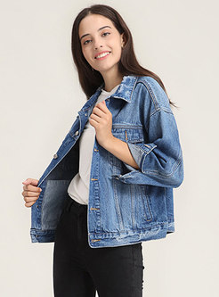 Blue Denim Frayed Lapel Single-breasted Short Jacket