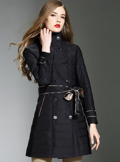 Black Stand Collar Double-breasted Belted Slim Thick Coat