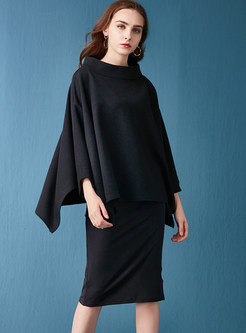 Standing Collar Bat Sleeve Top & O-neck Slit Dress