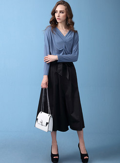 Pure Color V-neck Waist Top & Tie-waist Big Hem Skirt