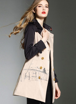 Color-blocked Print Belted Double-breasted Trench Coat