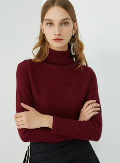 Trendy Purple-red Autumn Turtle Neck Knitting Sweater