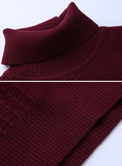Trendy Purple-red Autumn Turtle Neck Knitting Sweater