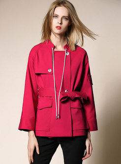 Pure Color Stand Collar Belted Slim Short Trench Coat