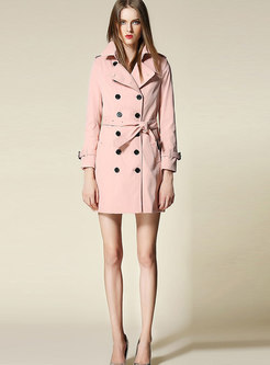 Pink Turn Down Collar Belted Slim Trench Coat