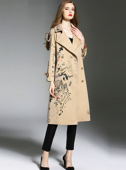 Chic Print Turn Down Collar Belted A Line Trench Coat