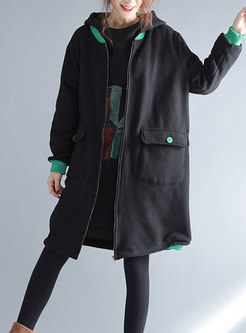 Casual Black Print Hooded Back Cashmere Thicken Coat 