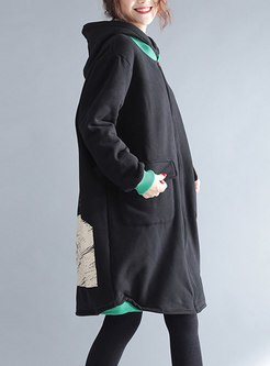 Casual Black Print Hooded Back Cashmere Thicken Coat 