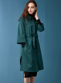 Turn Down Collar Pure Color Pocket Slit Trench Coat