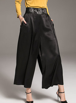 Casual Black Embroidered High Waist Straight Wide Leg Pants
