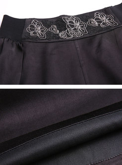 Casual Black Embroidered High Waist Straight Wide Leg Pants