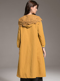 Fashion Yellow Hooded Lace Paneled Gathered Waist Coat 