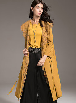 Fashion Yellow Hooded Lace Paneled Gathered Waist Coat 