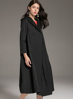 Fashion Black Hooded Lace-paneled Gathered Waist Slim Coat 