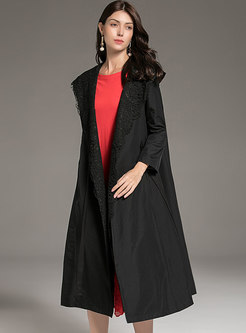 Fashion Black Hooded Lace-paneled Gathered Waist Slim Coat 