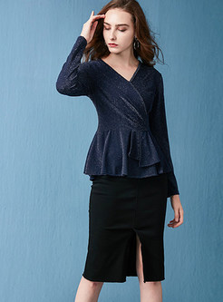 Long Sleeve Asymmetric Falbala Sweater & Skinny Slit Skirt