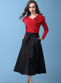 Stylish Irregular Sweater & Tie-waist Big Hem Skirt