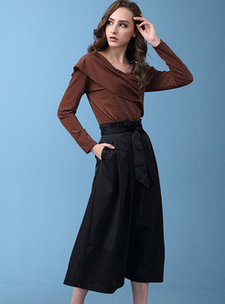 V-neck Long Sleeve Sweater & High Waist Pocket Skirt