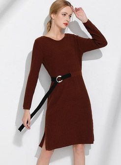 Brief Pure Color Belted O-neck Slim Knitted Dress