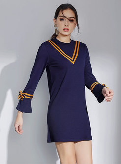 Color-blocked Flare Sleeve Bowknot Slim Dress