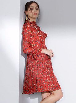 Elegant Print Stand Collar High Waist Pleated Dress