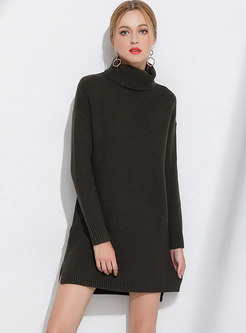 Pure Color High Neck Side-slit Knitted Sweater