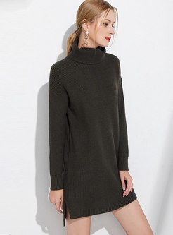 Pure Color High Neck Side-slit Knitted Sweater